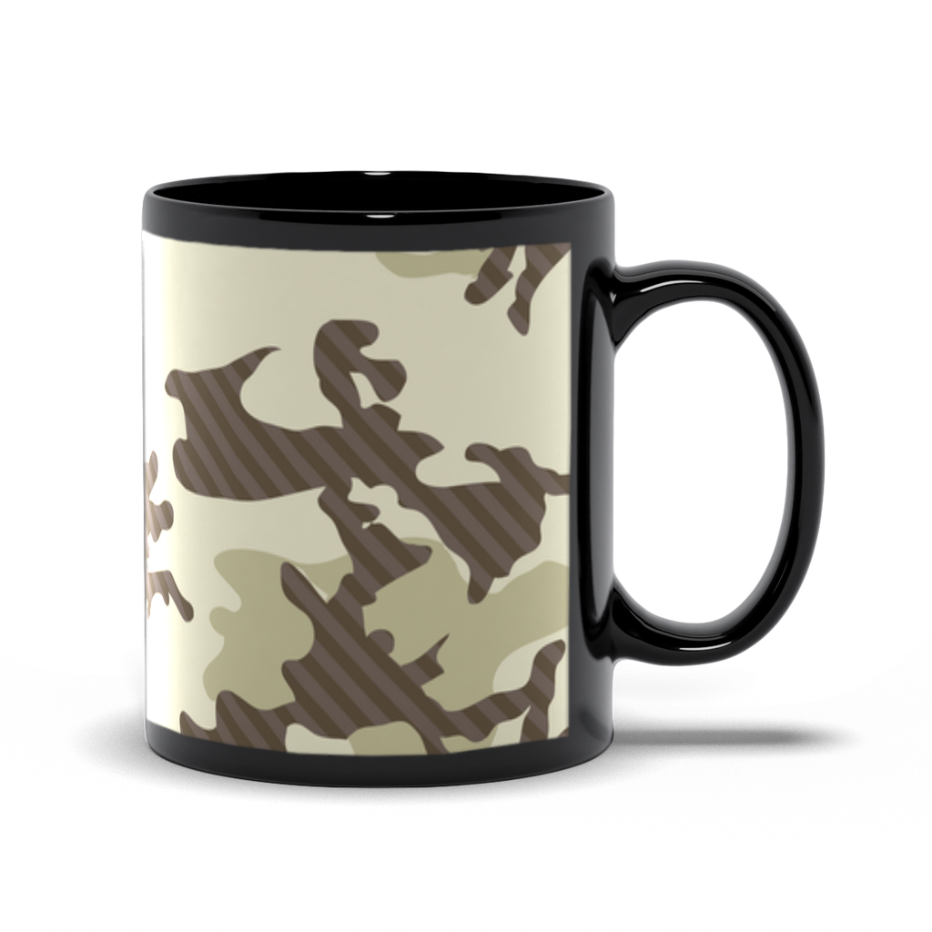 Camo Coffee Mug.  A black ceramic coffee mug with camoflage graphic.