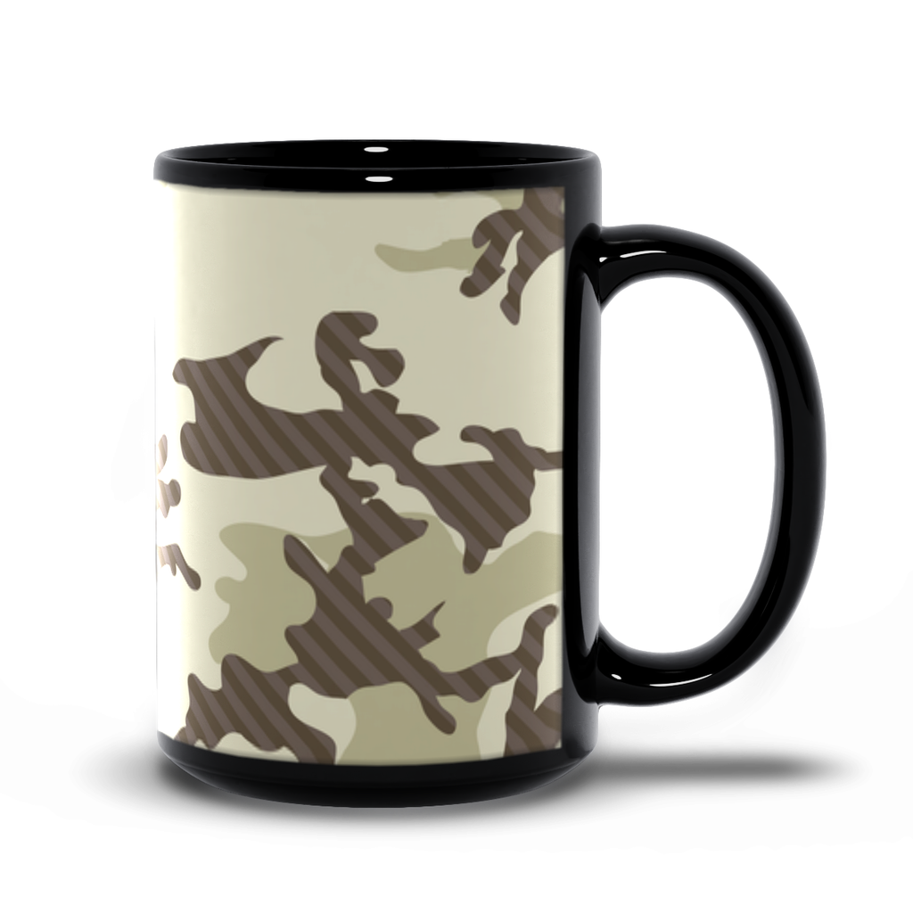 Camo Coffee Mug.  A black ceramic coffee mug with camoflage graphic.  15oz Version.