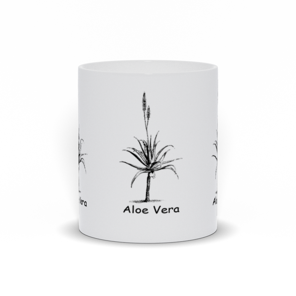A white ceramic coffee mug with the Aloe Vera Plant printed on 3 sides.  Front View.