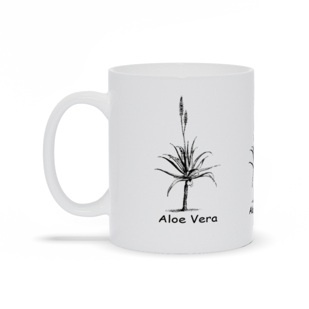 A white ceramic coffee mug with the Aloe Vera Plant printed on 3 sides.  Right Side View.