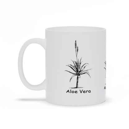 A white ceramic coffee mug with the Aloe Vera Plant printed on 3 sides.  Right Side View.