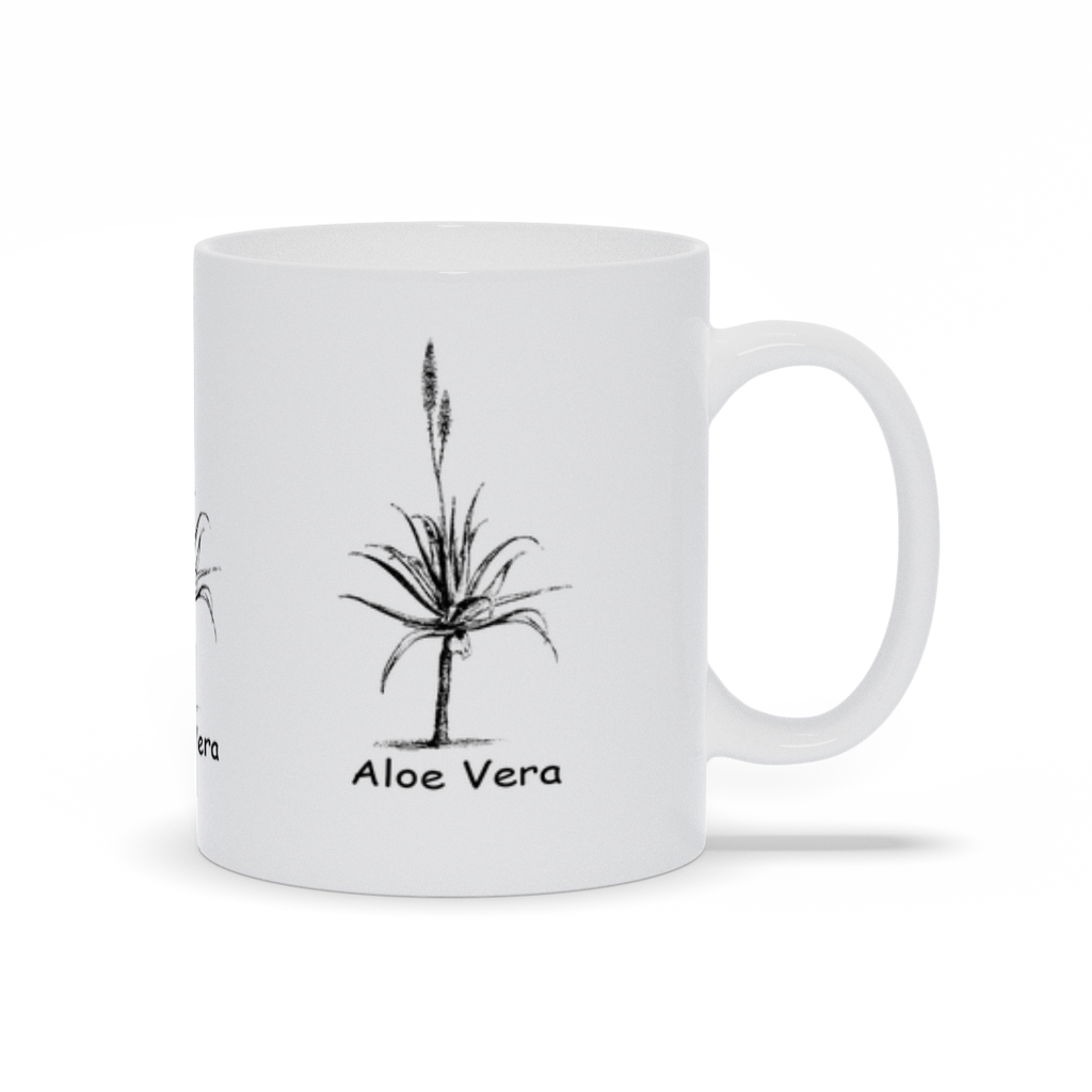 A white ceramic coffee mug with the Aloe Vera Plant printed on 3 sides.