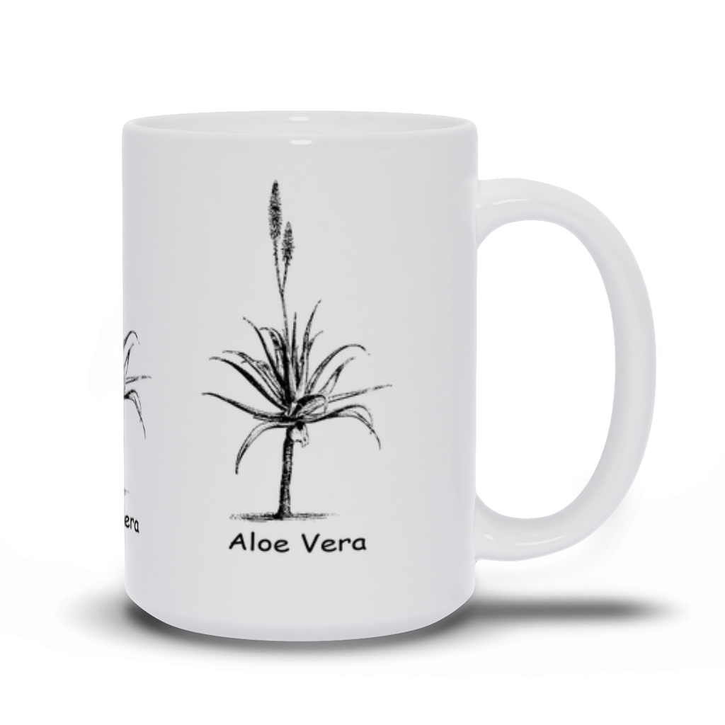 A white ceramic coffee mug with the Aloe Vera Plant printed on 3 sides.  15oz Version.