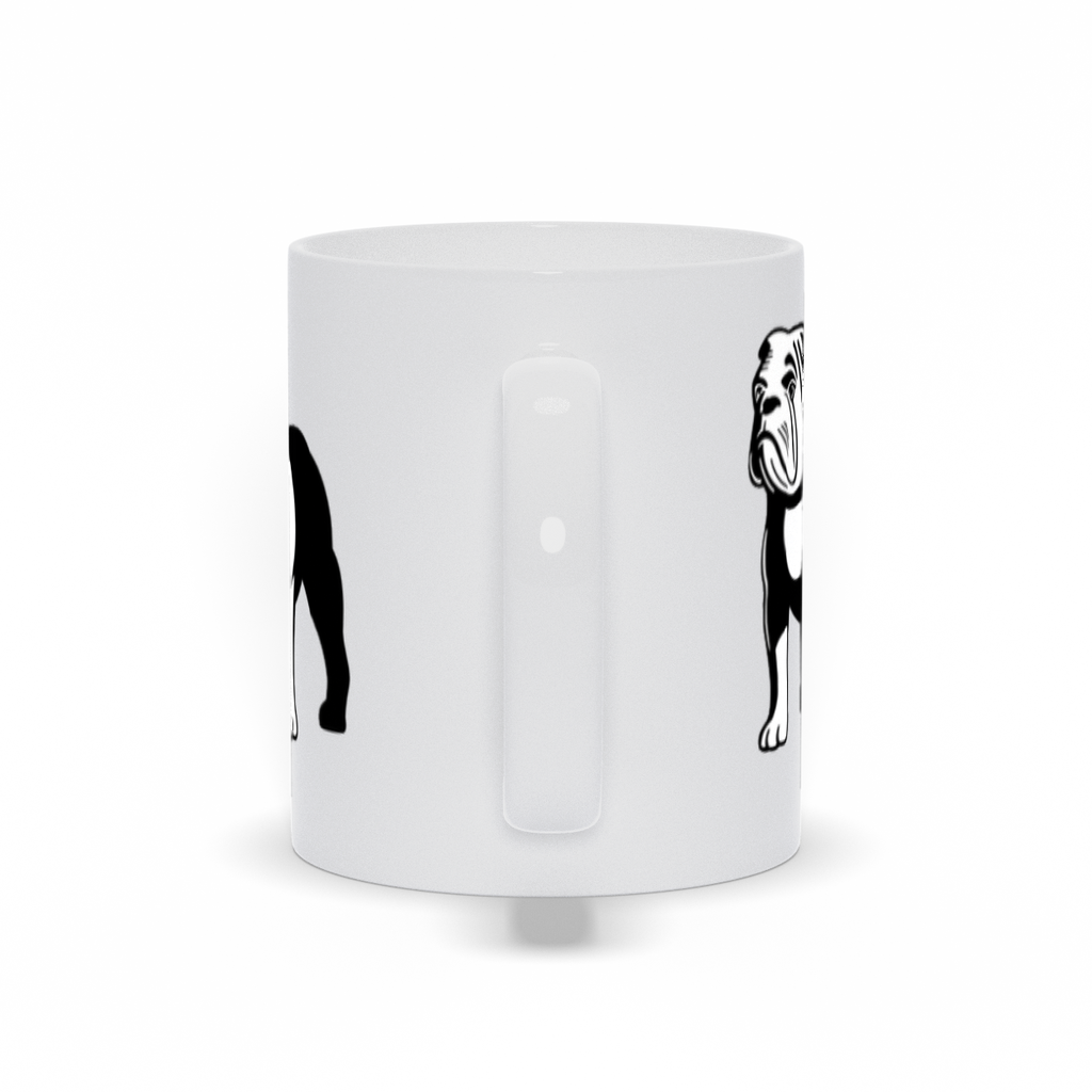 Bulldog Coffee Mug.  A white ceramic coffee mug with a bull dog image on two sides. Handle view.