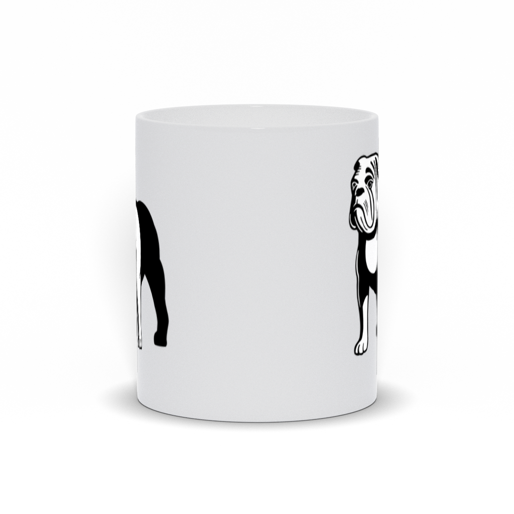 Bulldog Coffee Mug.  A white ceramic coffee mug with a bull dog image on two sides. Front View.