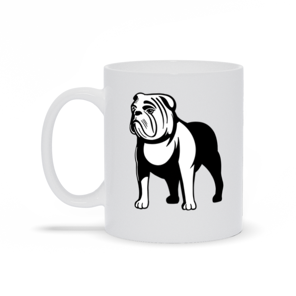 Bulldog Coffee Mug.  A white ceramic coffee mug with a bull dog image on two sides.  Right Side View.
