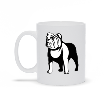 Bulldog Coffee Mug.  A white ceramic coffee mug with a bull dog image on two sides.  Right Side View.