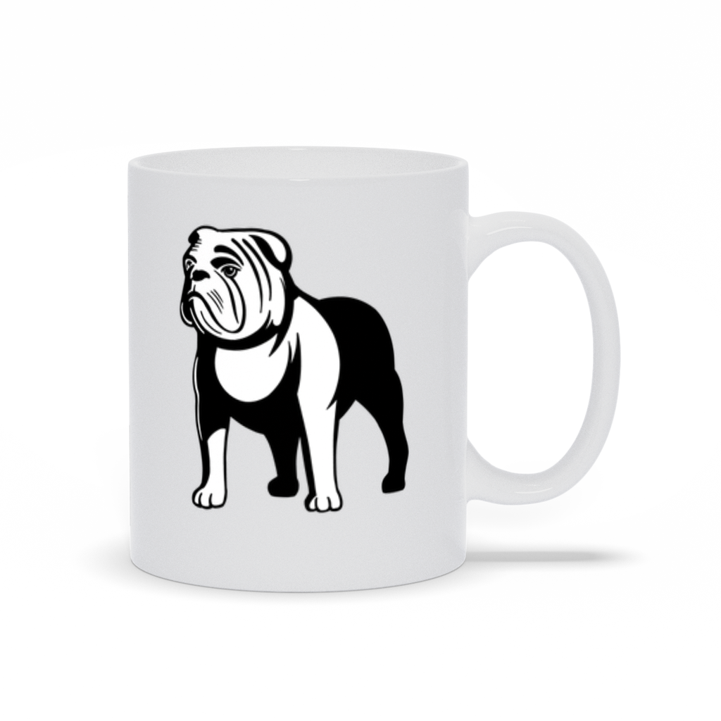 Bulldog Coffee Mug.  A white ceramic coffee mug with a bull dog image on two sides.