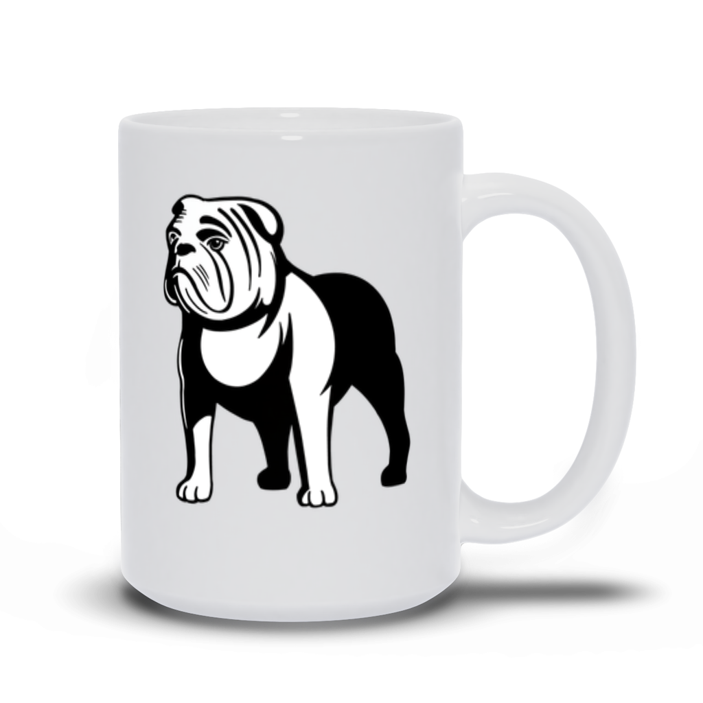 Bulldog Coffee Mug.  A white ceramic coffee mug with a bull dog image on two sides.  15 oz version.