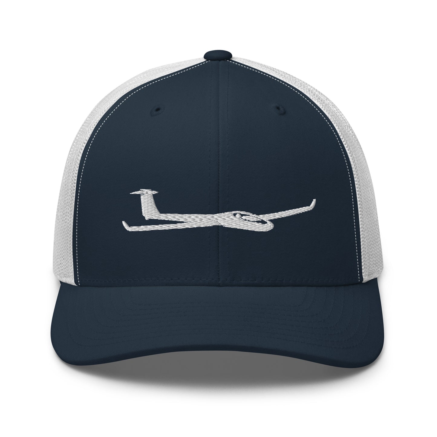 Glider Trucker Hat.  A blue and white Yupoong 6606 hat with a white glider embroidered on the front panel.
