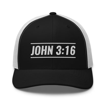 John 3:16 Bible Verse Hat.  A Yupoong 6606 hat with a black front and white back.  John 3:16 is embroidered on the front in white.