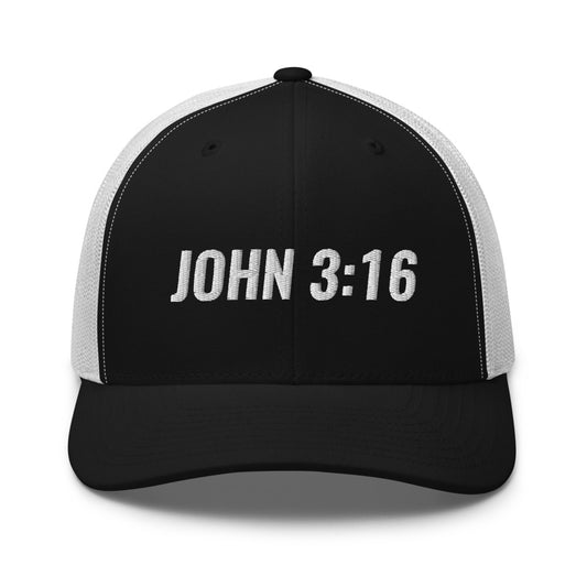 John 3:16 Bible Verse Hat.  A Yupoong 6606 hat with a black front and white back.  John 3:16 is embroidered on the front in white.