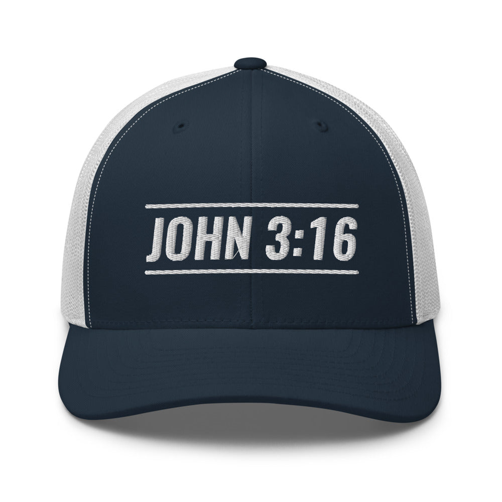 John 3:16 Bible Verse Hat.  A Yupoong 6606 hat with a blue front and white back.  John 3:16 is embroidered on the front in white.