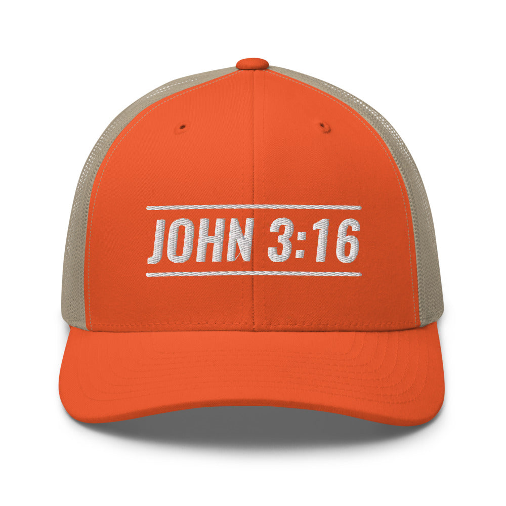 John 3:16 Bible Verse Hat.  A Yupoong 6606 hat with a orange front and beige back.  John 3:16 is embroidered on the front in white.