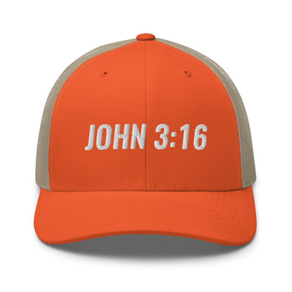 John 3:16 Bible Verse Hat.  A Yupoong 6606 hat with a orange front and beige back.  John 3:16 is embroidered on the front in white.