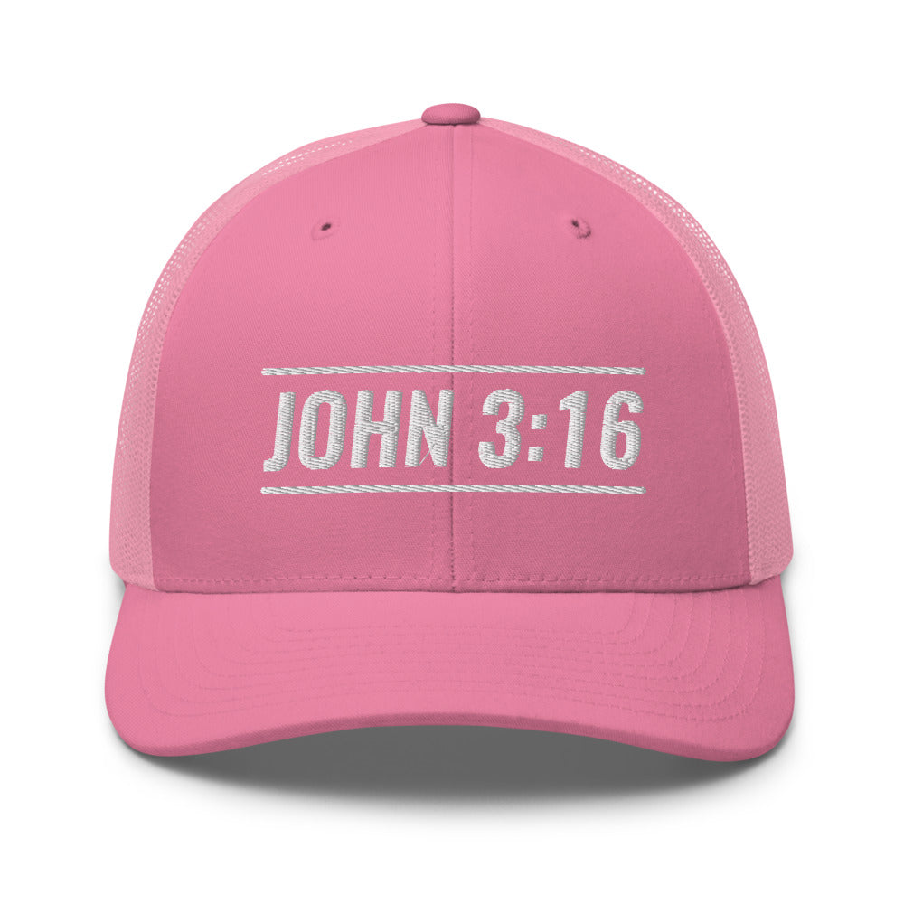 John 3:16 Bible Verse Hat.  A Yupoong 6606 hat with a pink front and pink back.  John 3:16 is embroidered on the front in white.