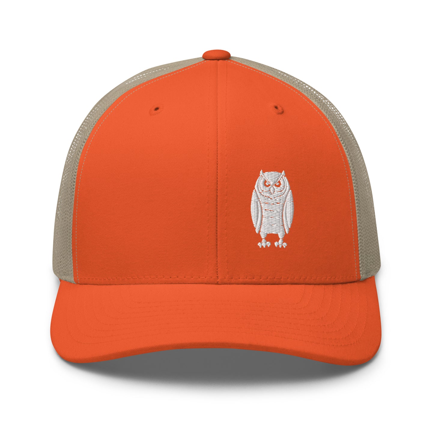 Owl Trucker Hat.  A Yupoon 6606 orange and beige hat with an Owl embroidered on it.