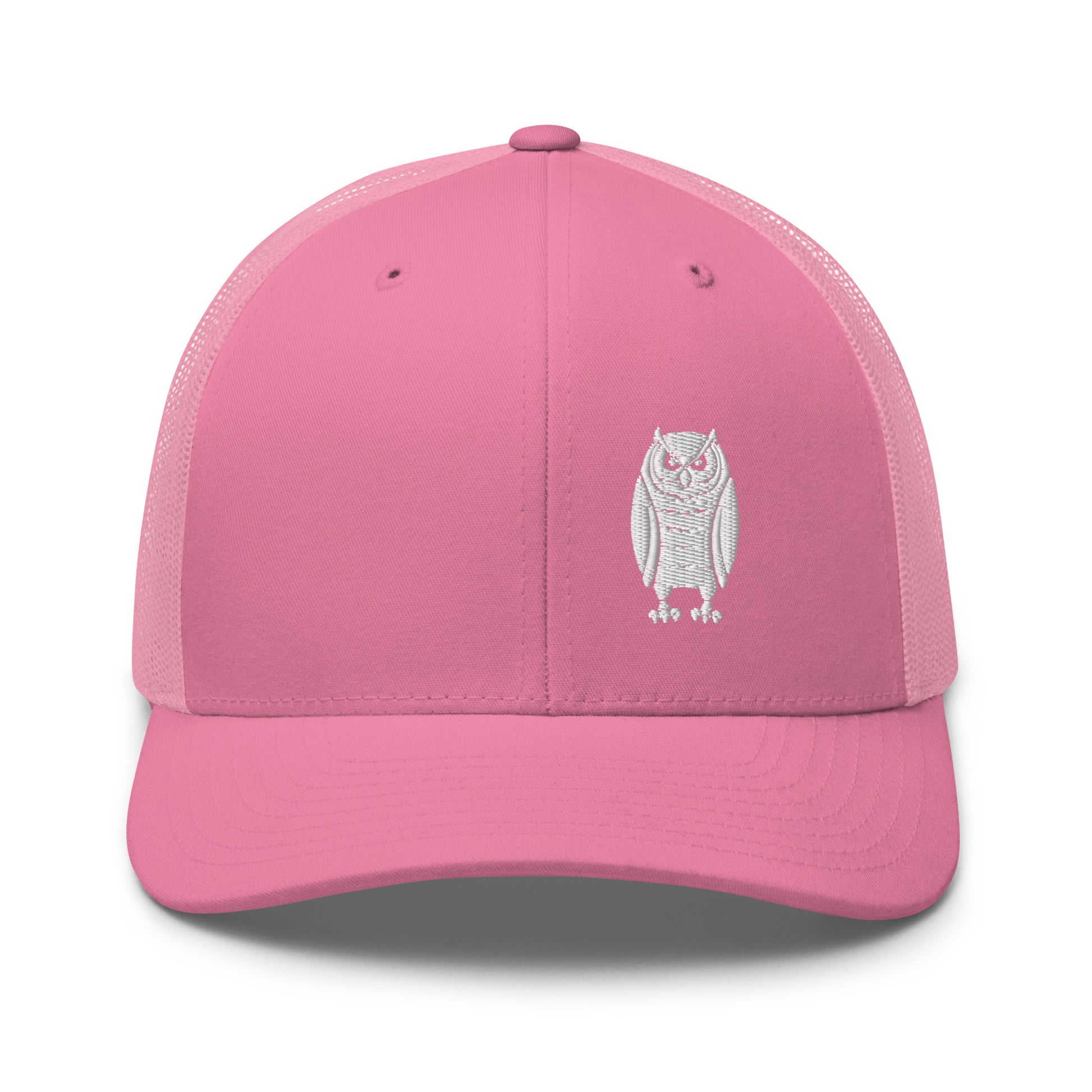 Owl Trucker Hat.  A Yupoon 6606 pink hat with an Owl embroidered on it.