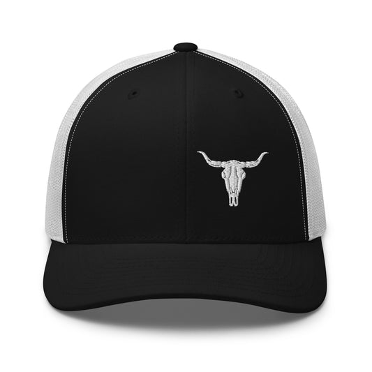 Steer Skull Hat.  A black and white Yupoong 6606 with steer skull on the right side panel.
