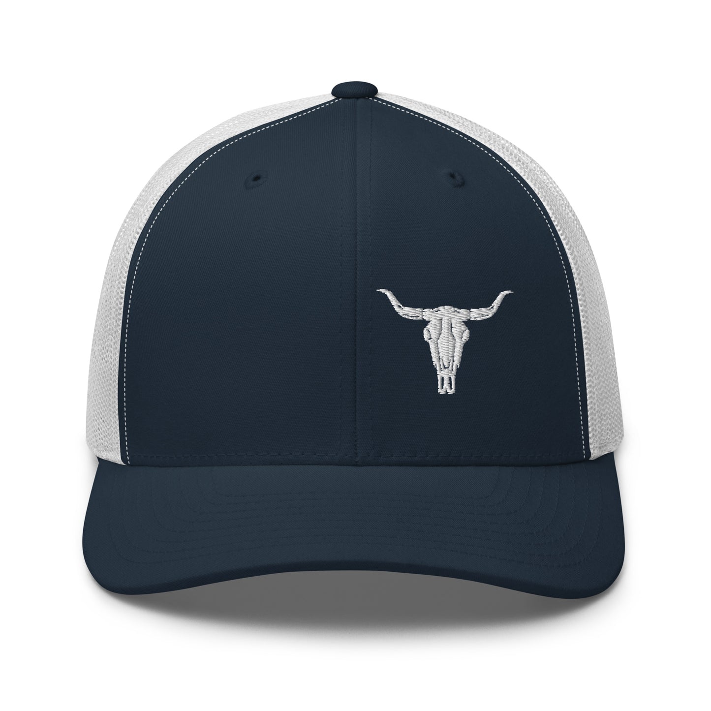 Steer Skull Hat.  A blue and white Yupoong 6606 with steer skull on the right side panel.