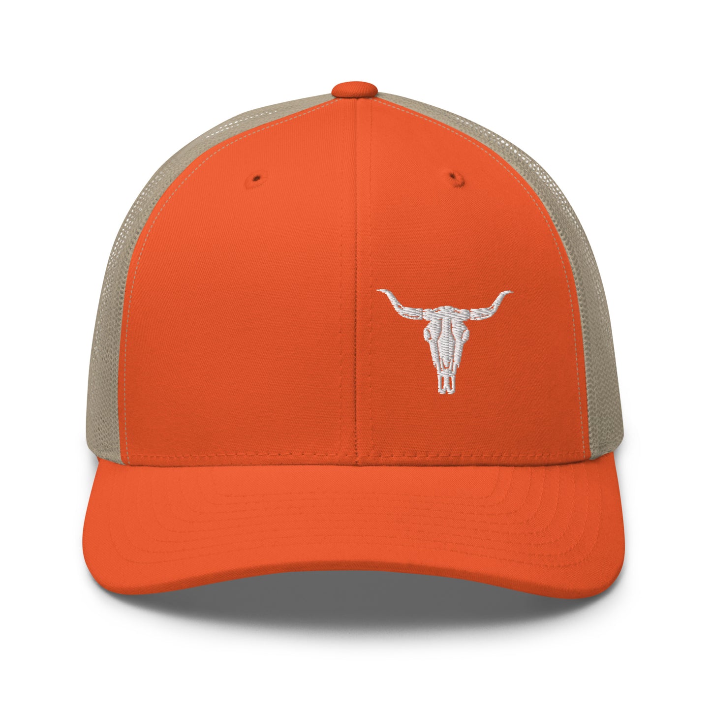 Steer Skull Hat.  A orange and beige Yupoong 6606 with steer skull on the right side panel.